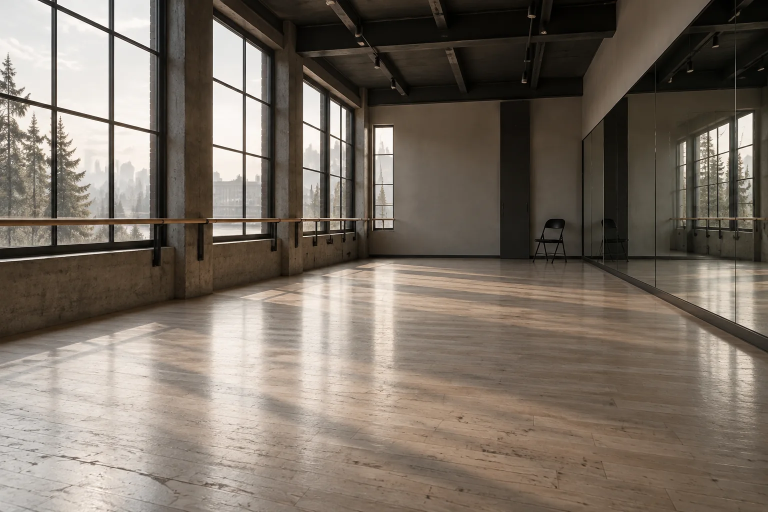 An imagined sunlit rehearsal studio with tall windows and a mirrored wall